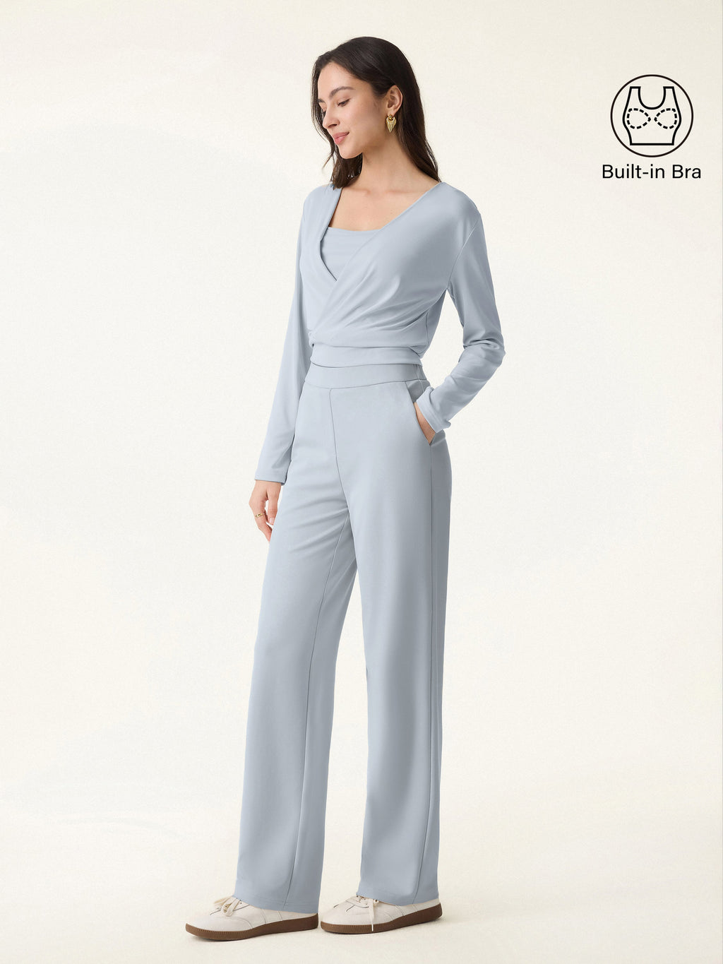 2Pcs Set Modal 2-in-1 Wrap Bra Top & Straight Leg Pull-on Travel Pant