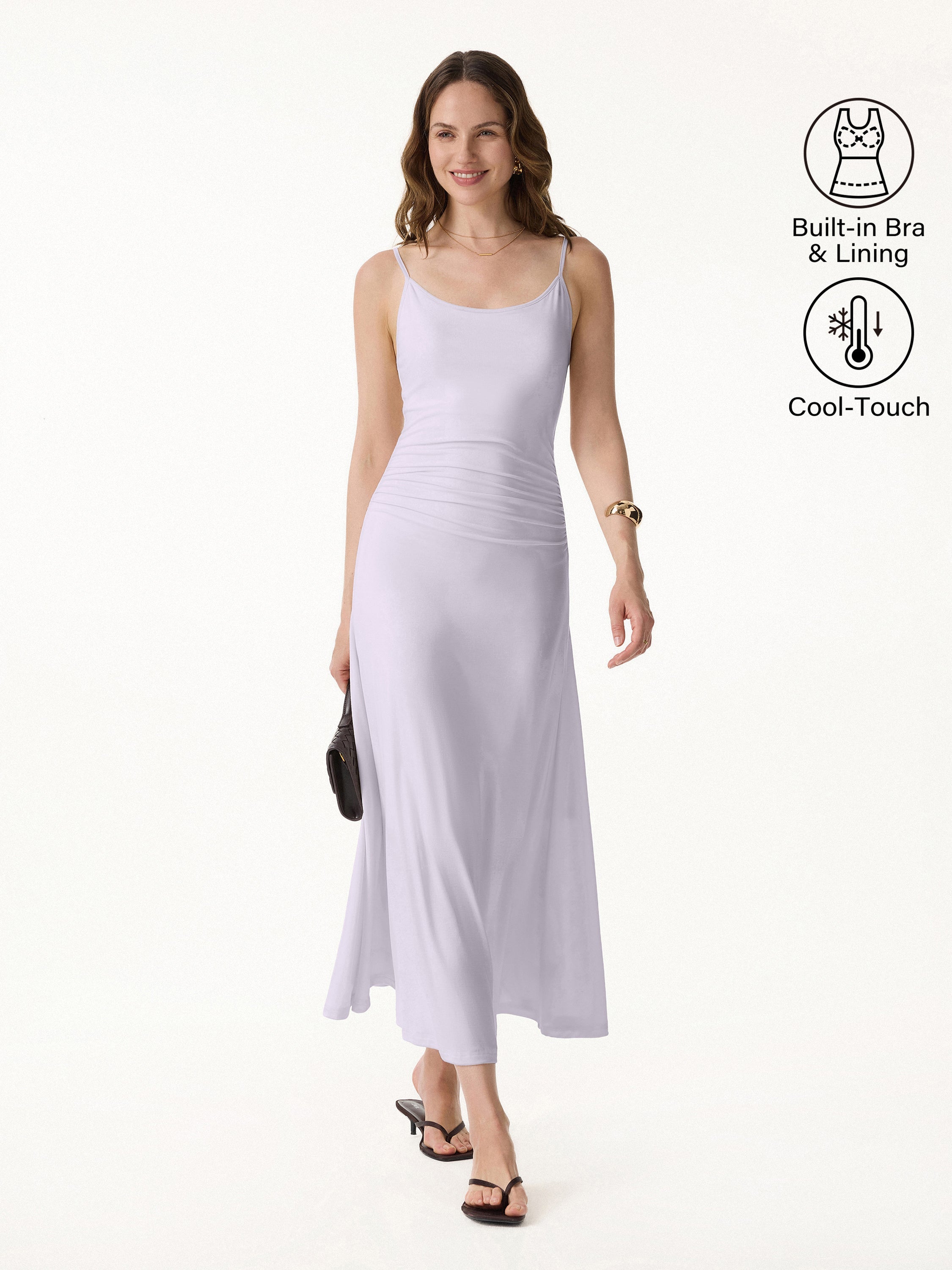 Cooling Lyocell Adjustable Spaghetti Strap Ruched Maxi Bra Dress