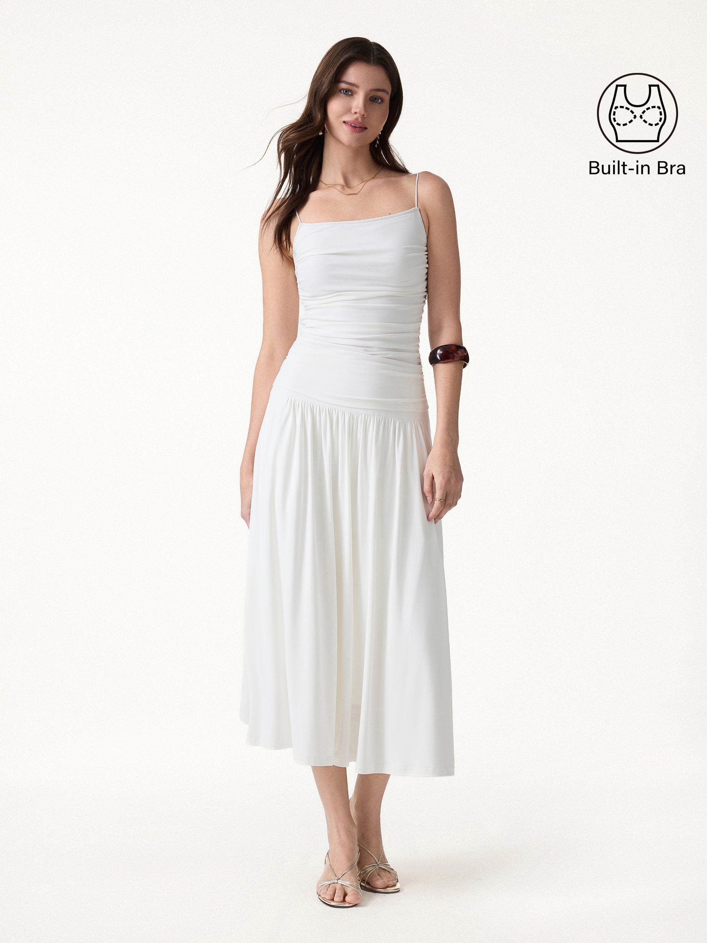 2Pcs Set Spaghetti Bra Top & Mid Rise Gathered Midi Skirt with Pockets