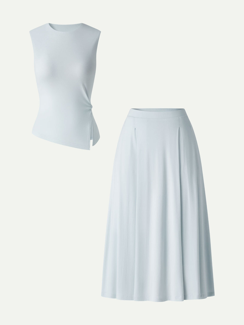 2Pcs Set Round Neck Twisted Bra Tank with Slit& Midi Skirt with Pockets
