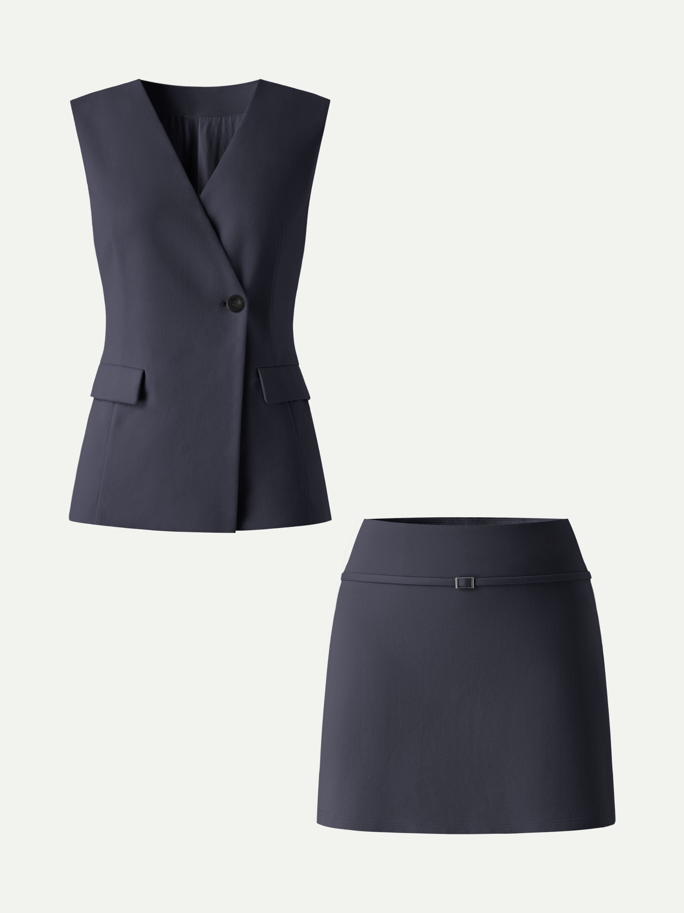 2Pcs Set V-Neck Waistcoat with Pockets & A-Line Mini Skort