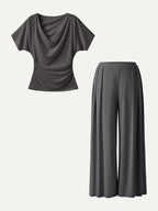2Pcs Set Cowl Neck Ruched Top & Wide Leg Palazzo Pant with Pockets