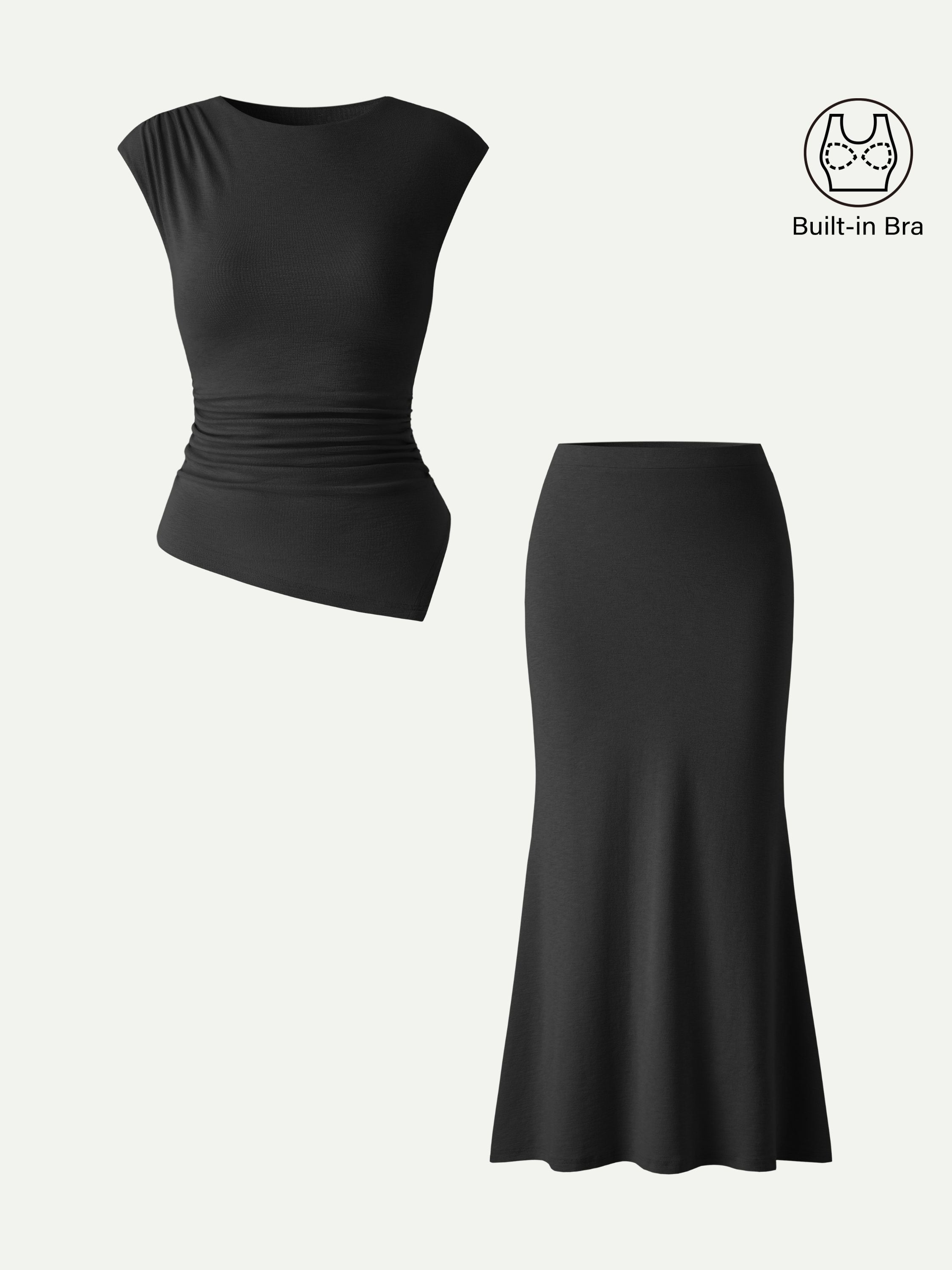 2Pcs Set Cap Sleeve Asymmetrical Bra Top & Mermaid Flare Maxi Skirt