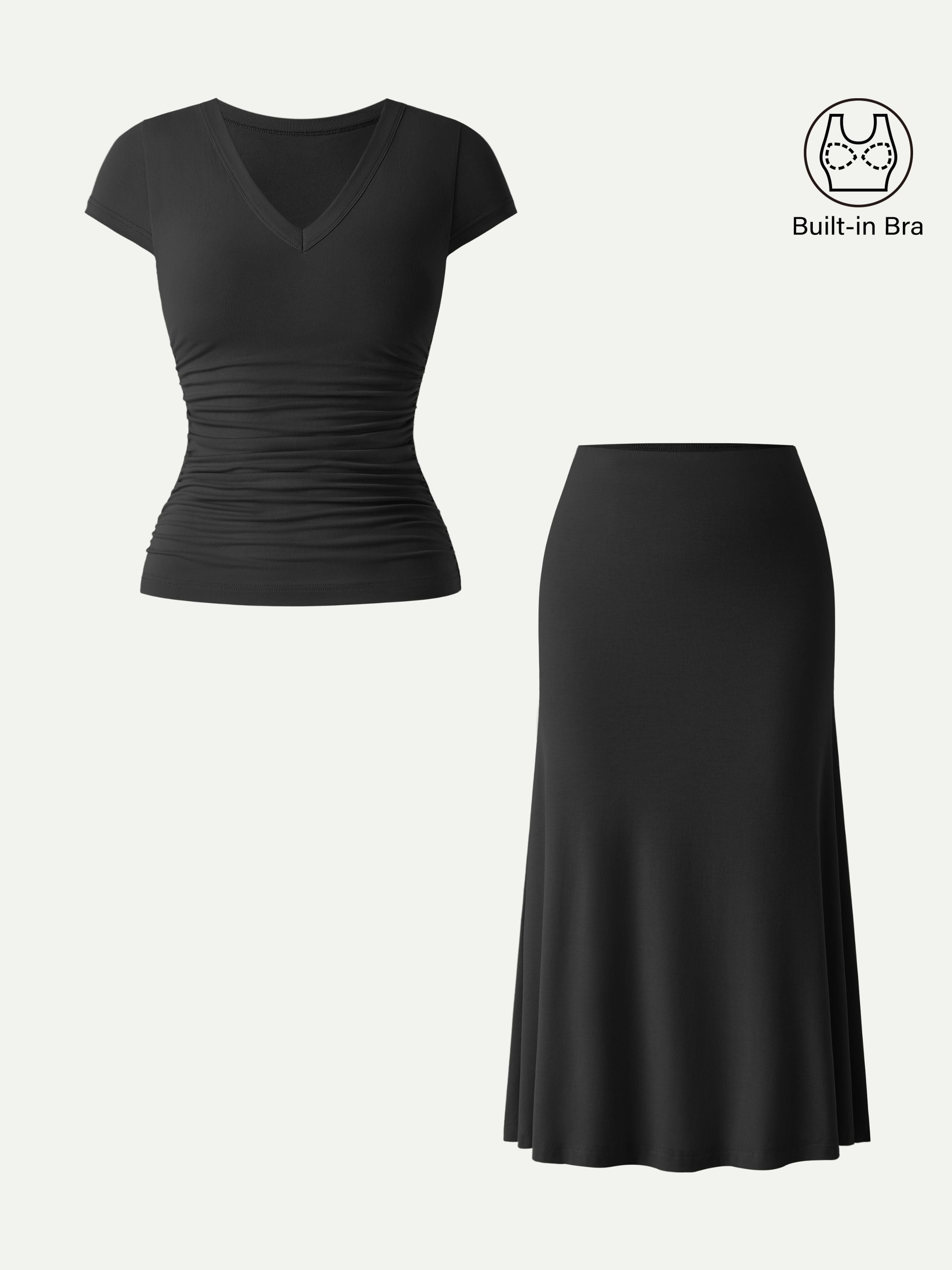 2Pcs Set V-neck Cap Sleeve Bra Tee & Pull-on Mermaid Midi Skirt