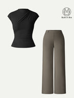 2Pcs Set Mockneck Cropped Bra Top & Slimming High Rise Wide Leg Pant