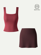 2Pcs Set Square Open-Back Bra Tank & A-line Mini Skirt with Built-in Shorts