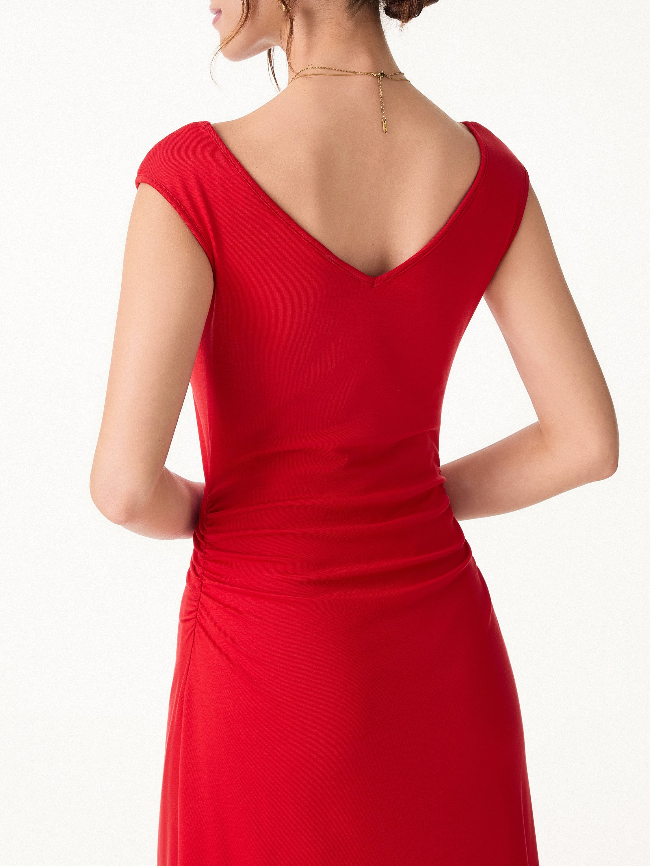 Cooling Lyocell V-Neck Ruched Midi Bra Dress