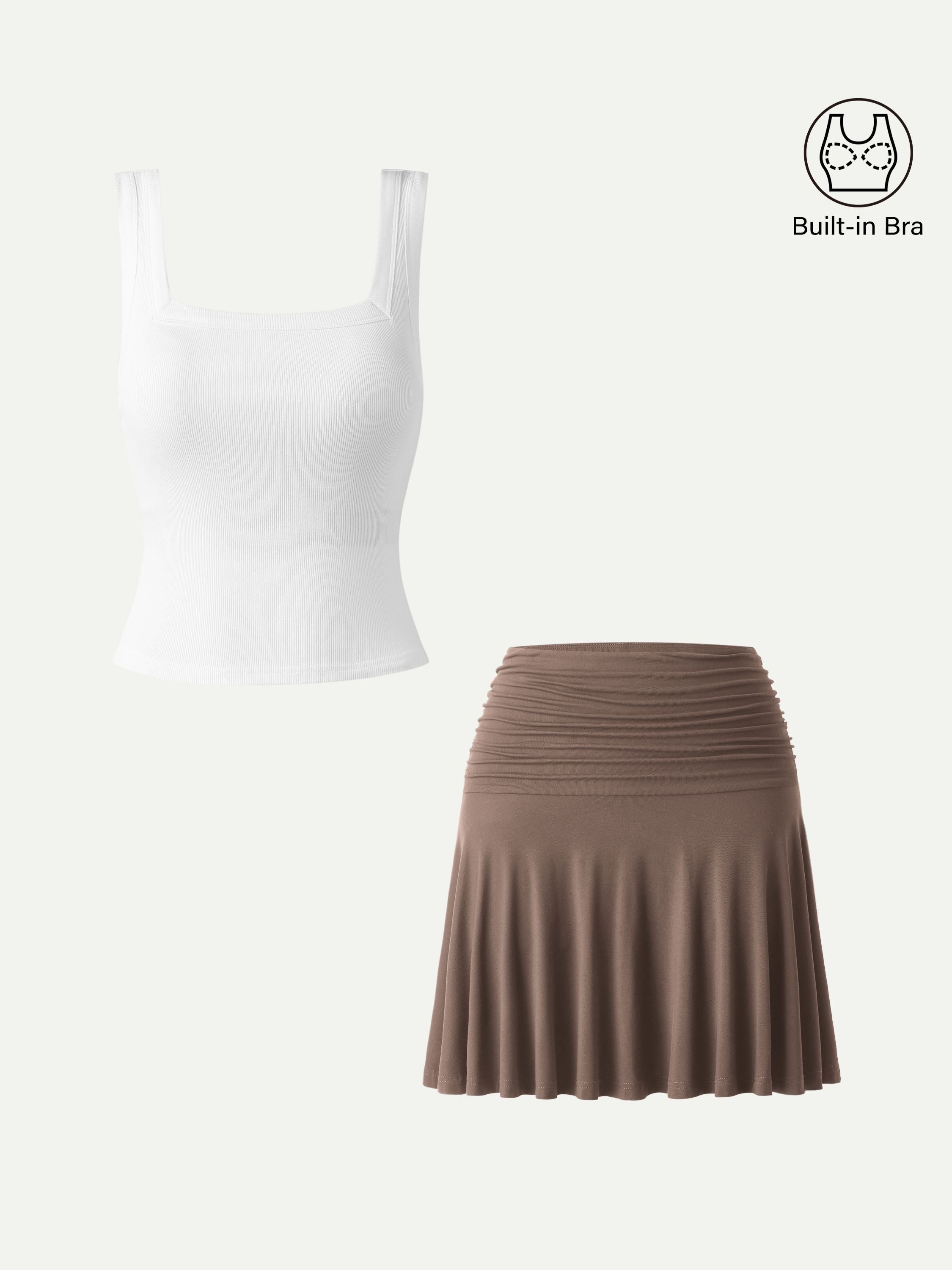 2Pcs Set Square Open-Back Bra Tank & Mini Circle Skirt with Lined Shorts