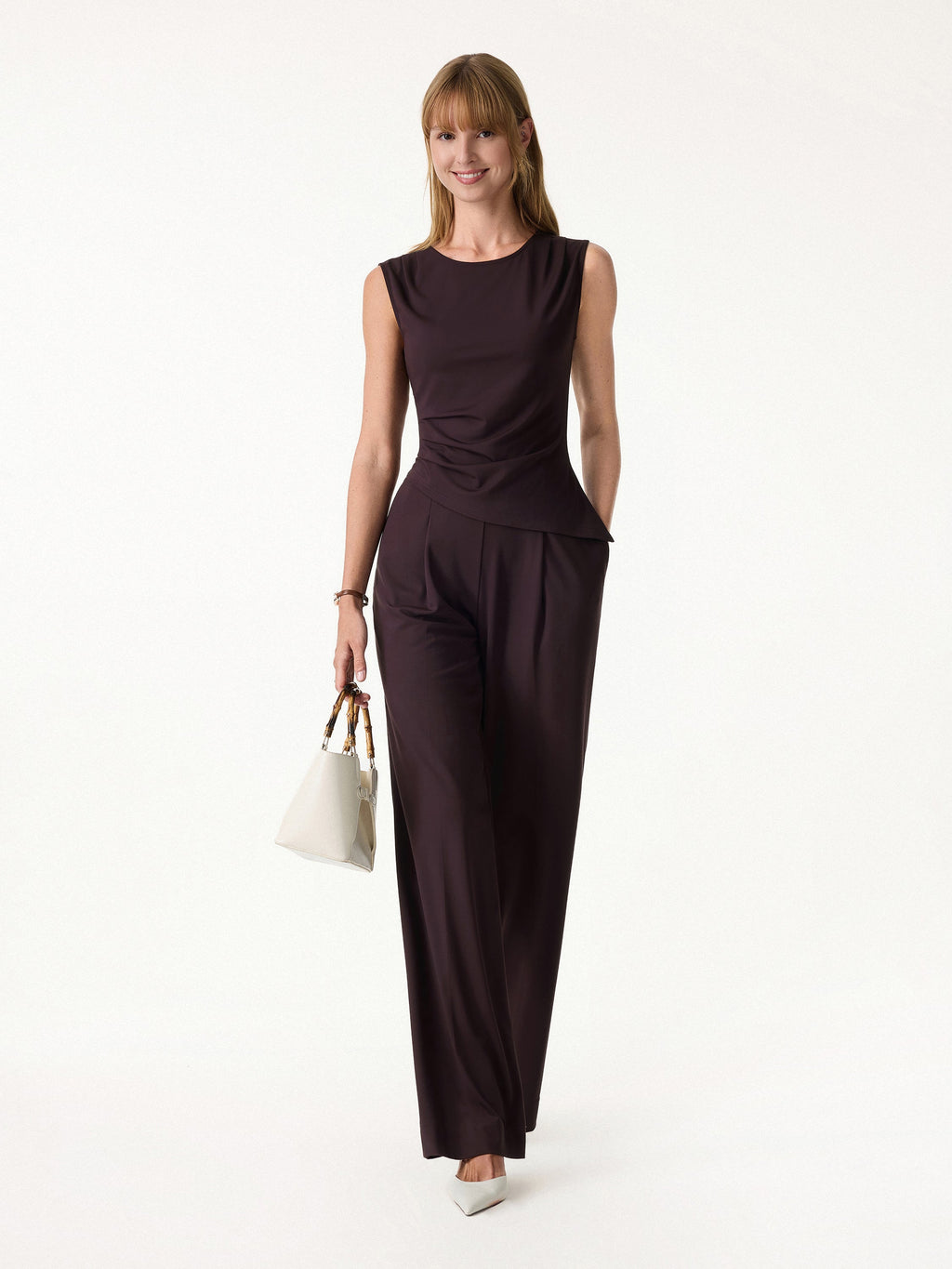 2Pcs Set Tucked Asymmetrical Hem Top & High Rise Wide Leg Pant