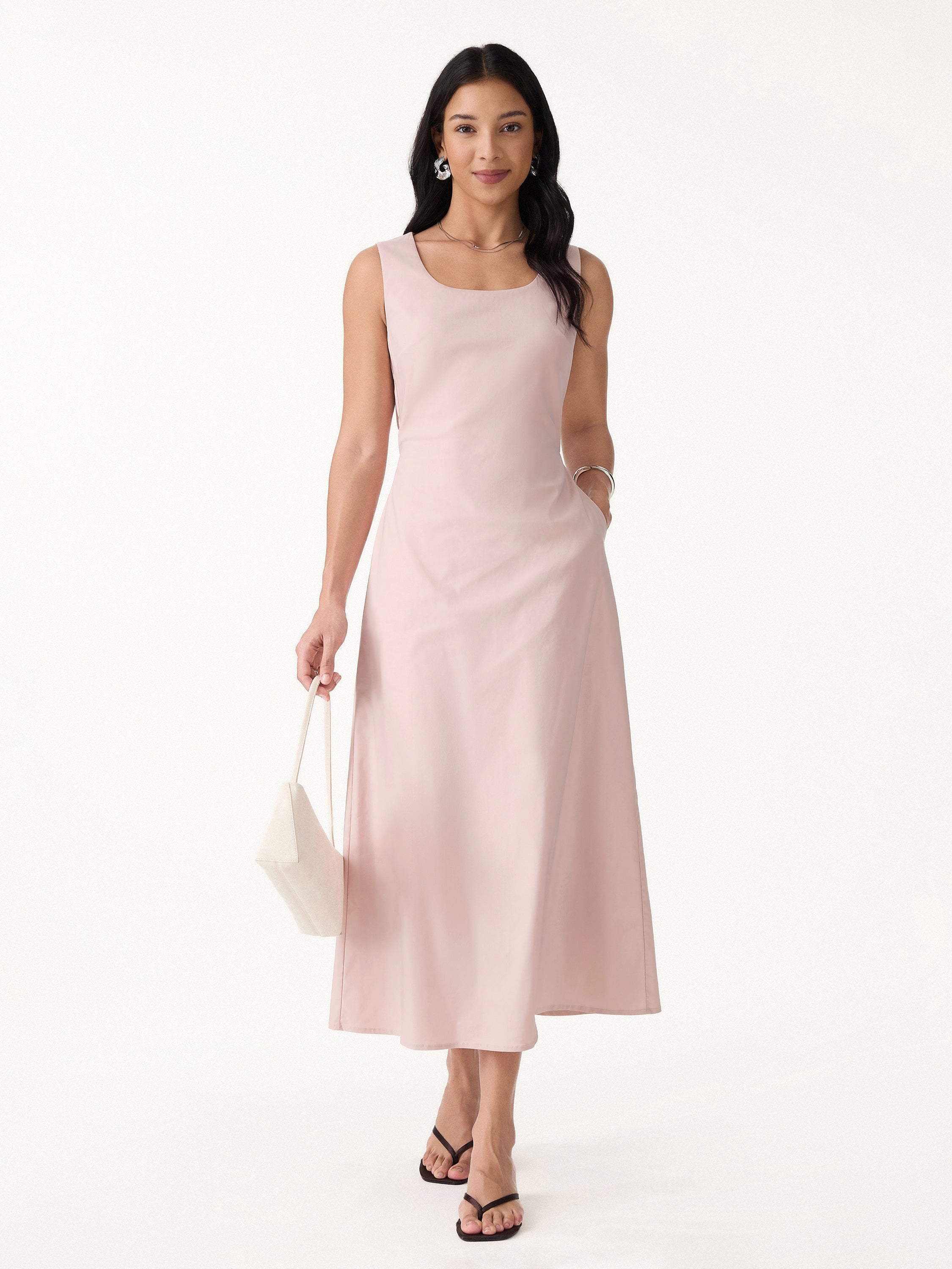 Wrinkle-Resistant Linen Blend U-Neck Maxi Dress with Pockets