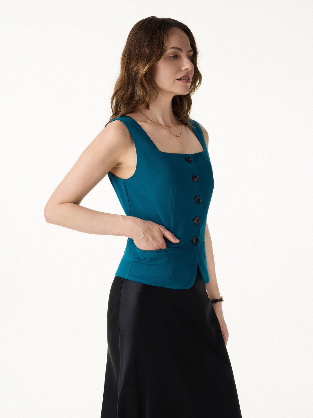 2Pcs Set Square Neck Waistcoat with Pockets & Wide Leg Ankled Pant