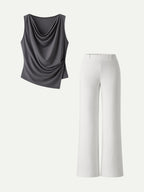 2Pcs Set Cowl Asymmetrical Tucked Top & Wide Leg Pant with Pockets