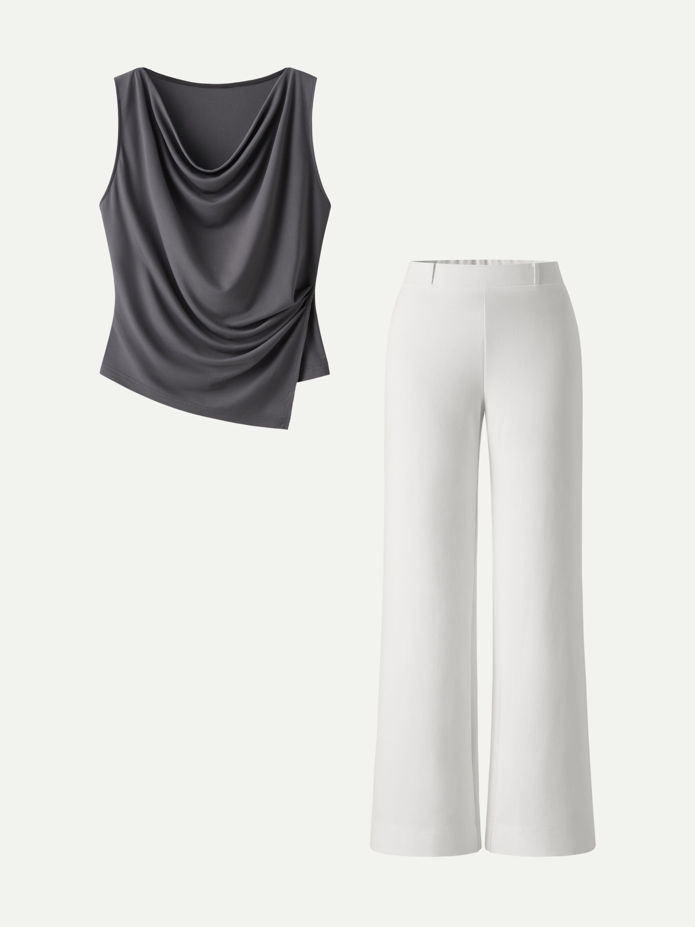 2Pcs Set Cowl Asymmetrical Tucked Top & Wide Leg Pant with Pockets