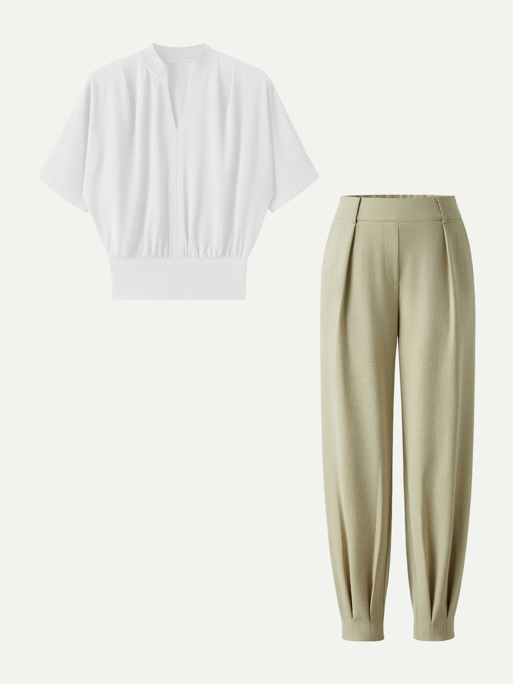2Pcs Set Stand Collar V-Neck Top & Wrinkle-Resistant Tapered Pant