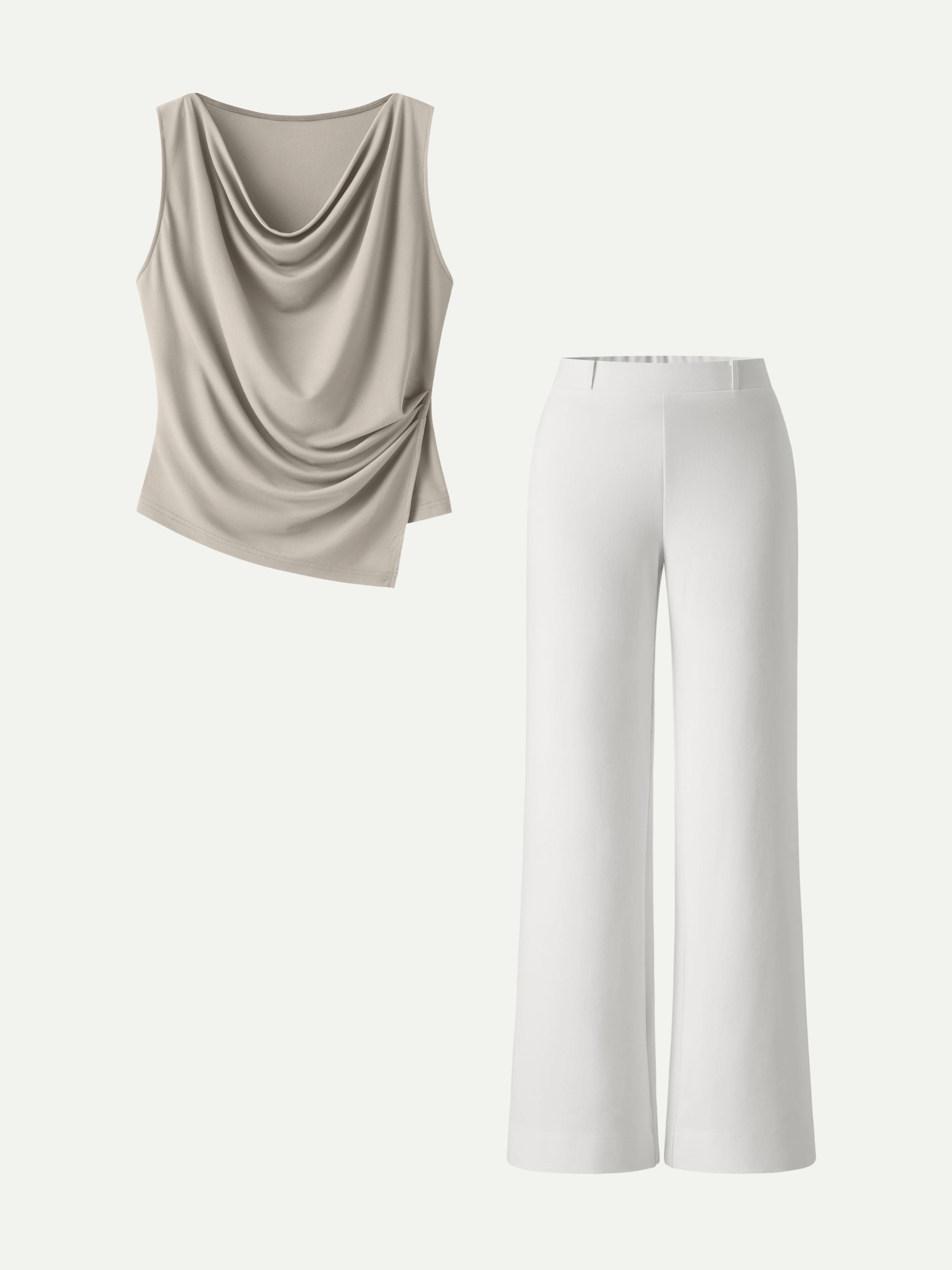 2Pcs Set Cowl Asymmetrical Tucked Top & Wide Leg Pant with Pockets