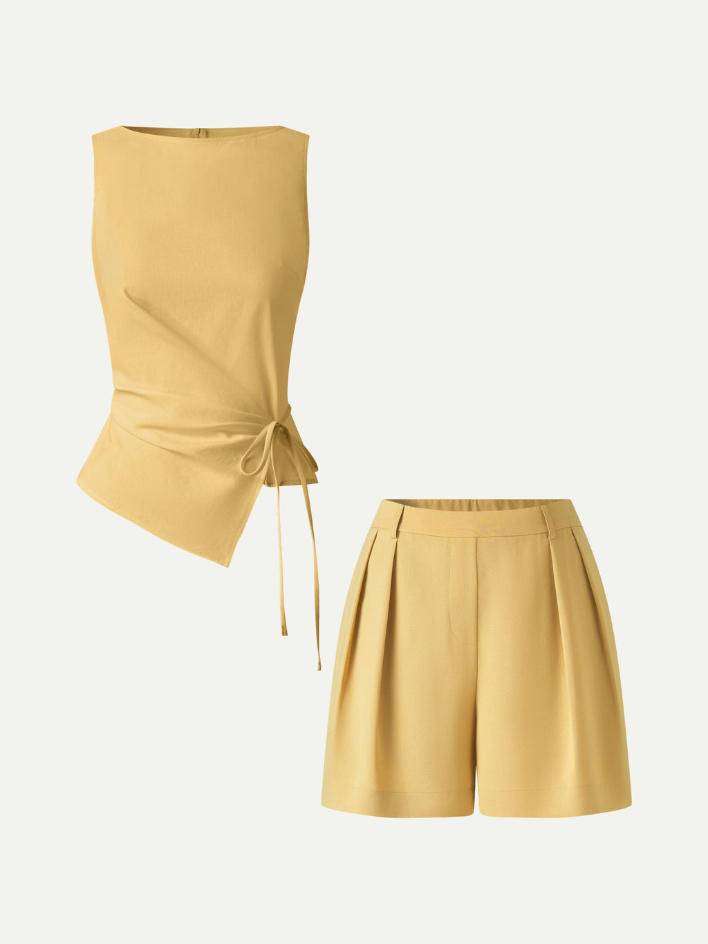 2Pcs Set Boatneck Waist-Defined Top & Tailored Shorts with Pockets