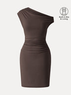 Soft Cotton Lyocell Ruched Asymmetrical Shoulder Mini Bra Dress
