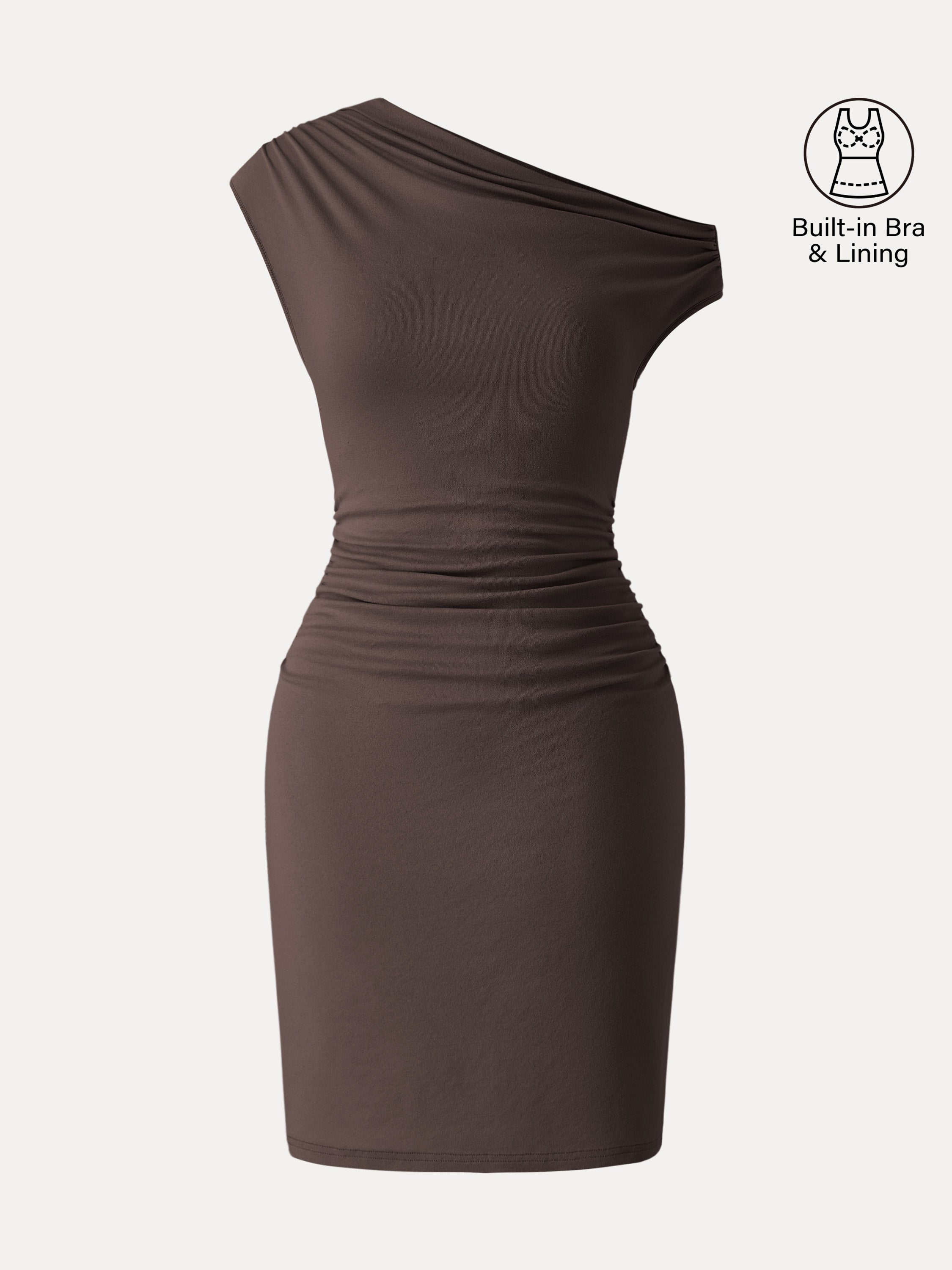 Soft Cotton Lyocell Ruched Asymmetrical Shoulder Mini Bra Dress