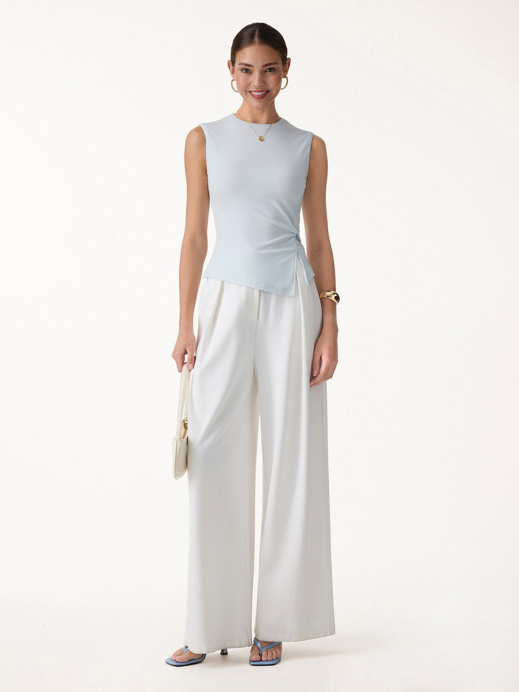 2Pcs Set Round Neck Twisted Bra Tank with Slit& Midi Skirt with Pockets