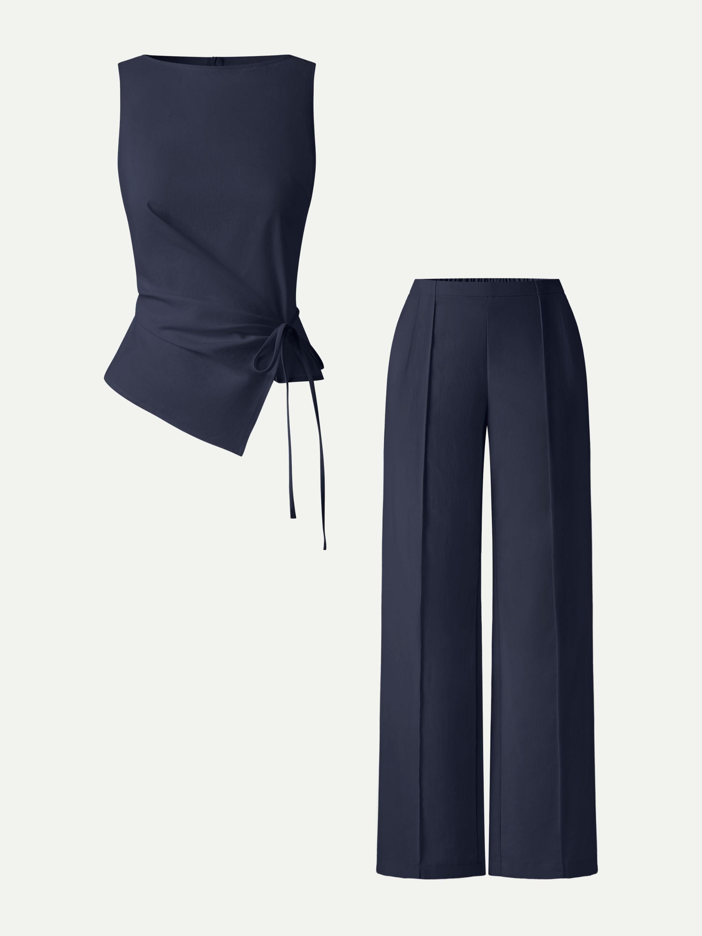 2Pcs Set Boatneck Waist-Defined Top & Pintuck Wide Leg Pant