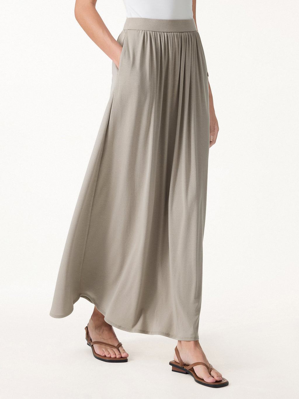 2Pcs Set Round Neck Top & A-Line Maxi Skirt with Pockets