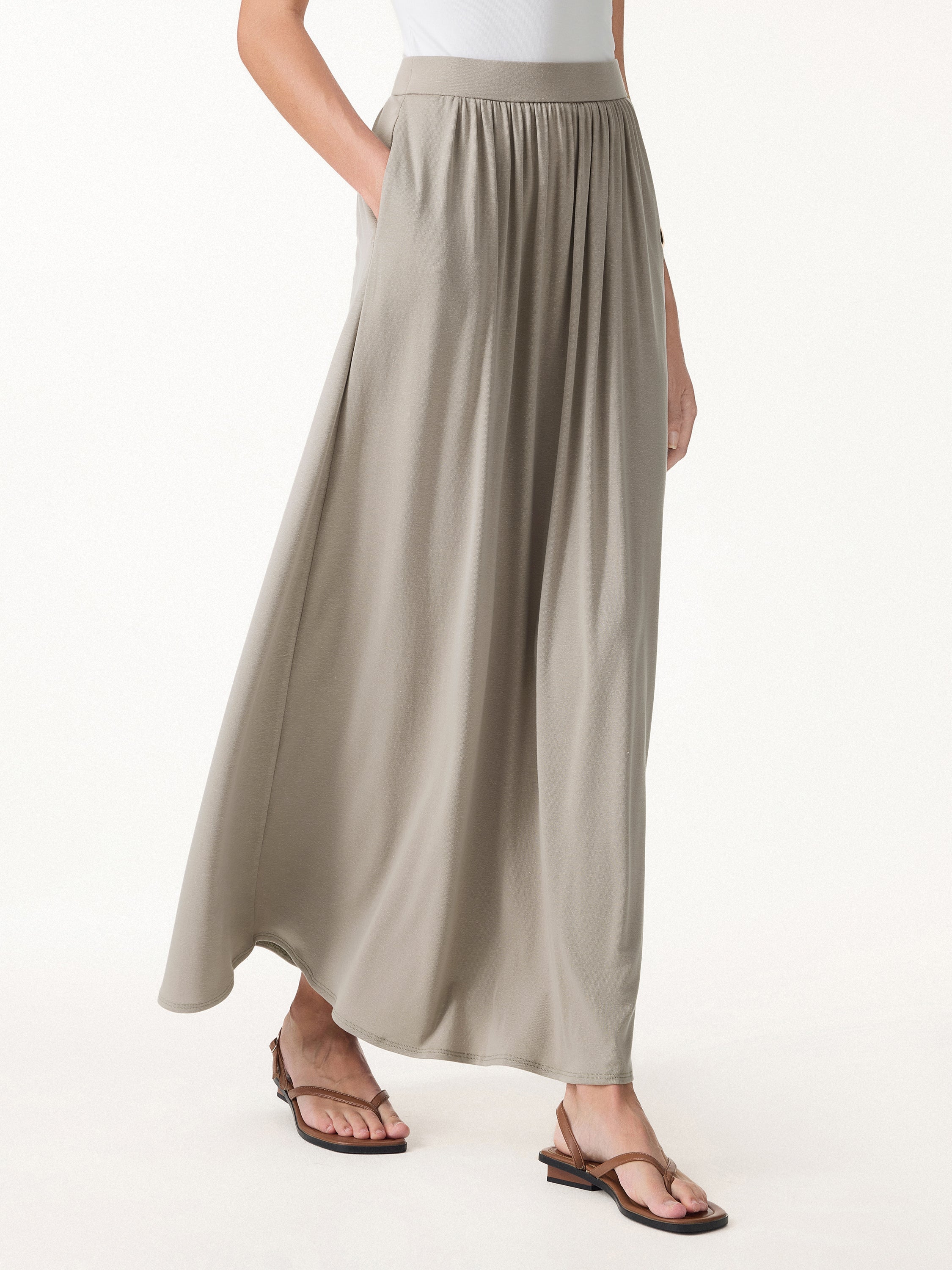 2Pcs Set Round Neck Top & A-Line Maxi Skirt with Pockets
