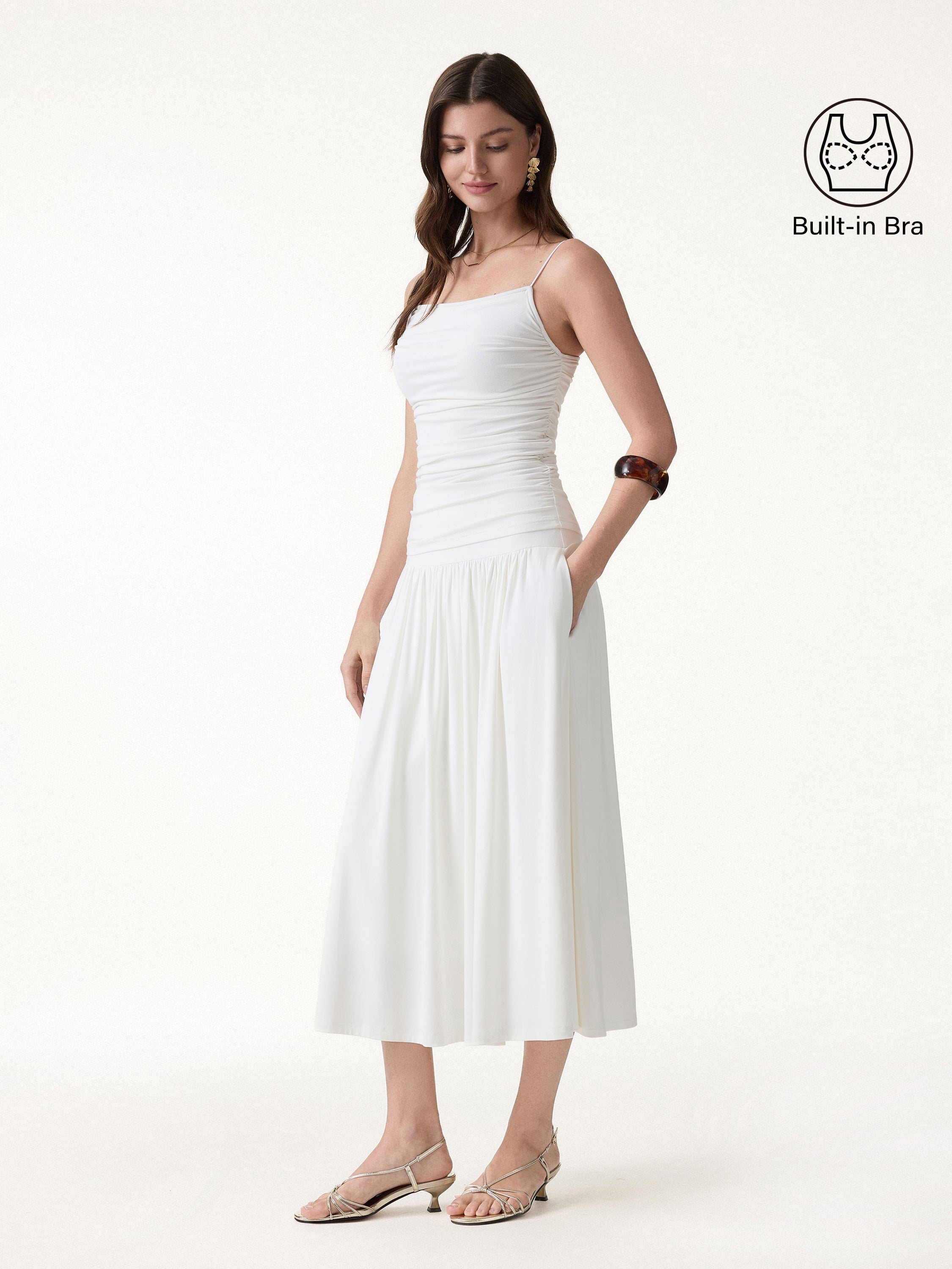 2Pcs Set Spaghetti Bra Top & Mid Rise Gathered Midi Skirt with Pockets