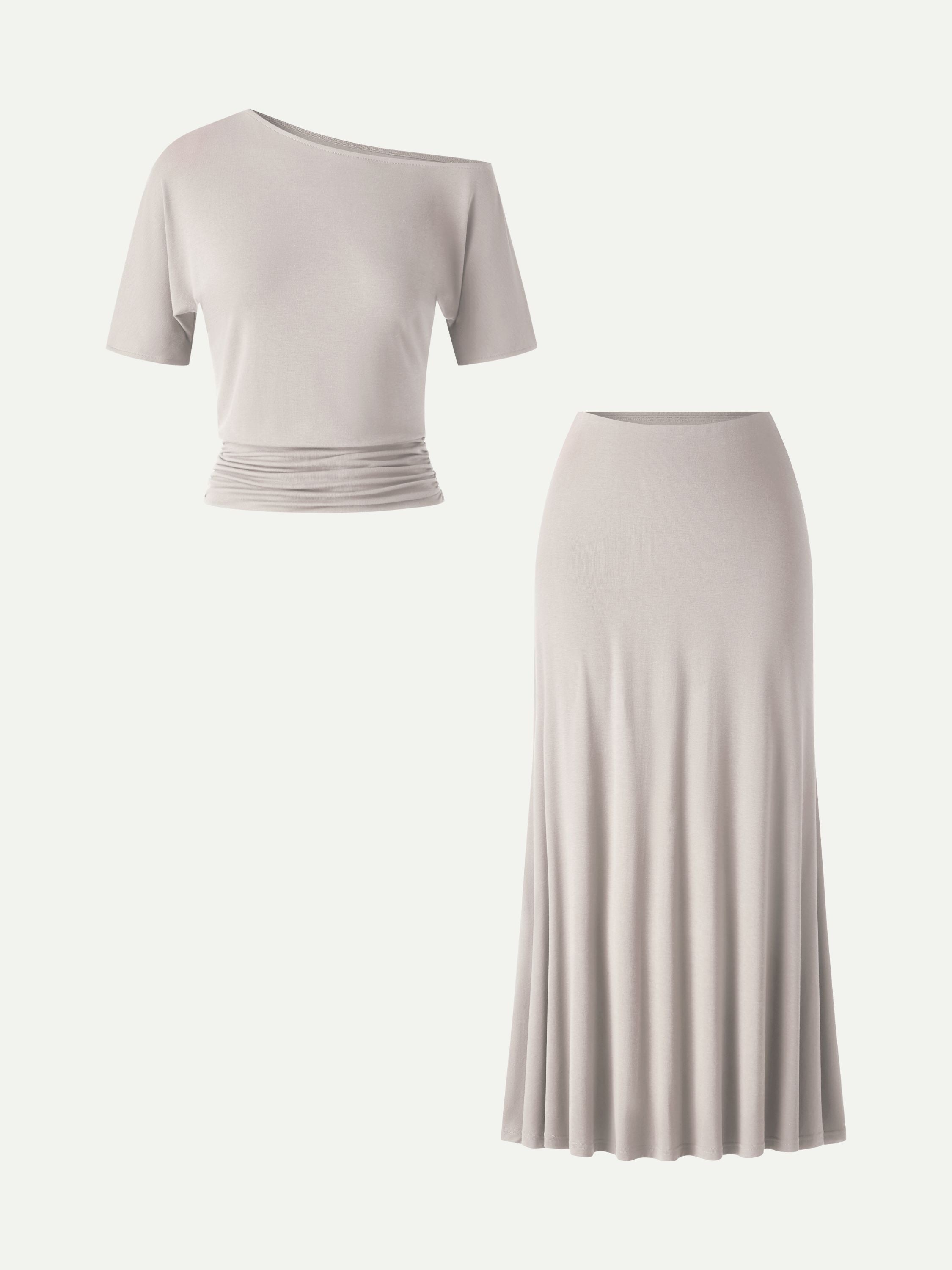 2Pcs Set CoolTouch Short Sleeve Top & Maxi Flared Skirt