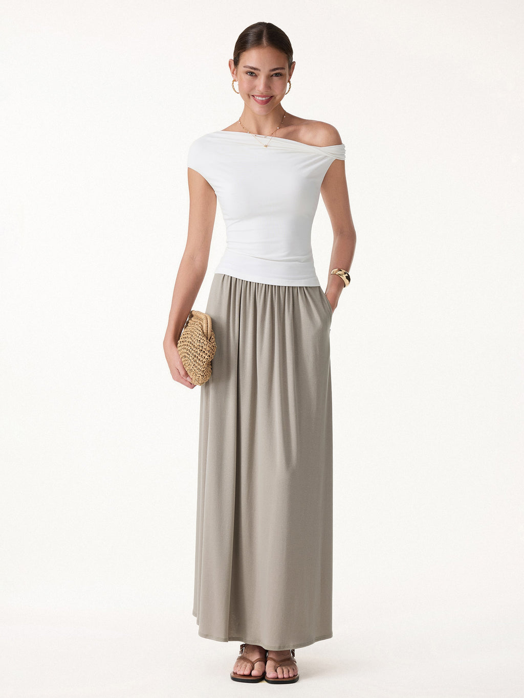 2Pcs Set Spaghetti Bra Top with Side Slit & A-Line Maxi Skirt with Pockets