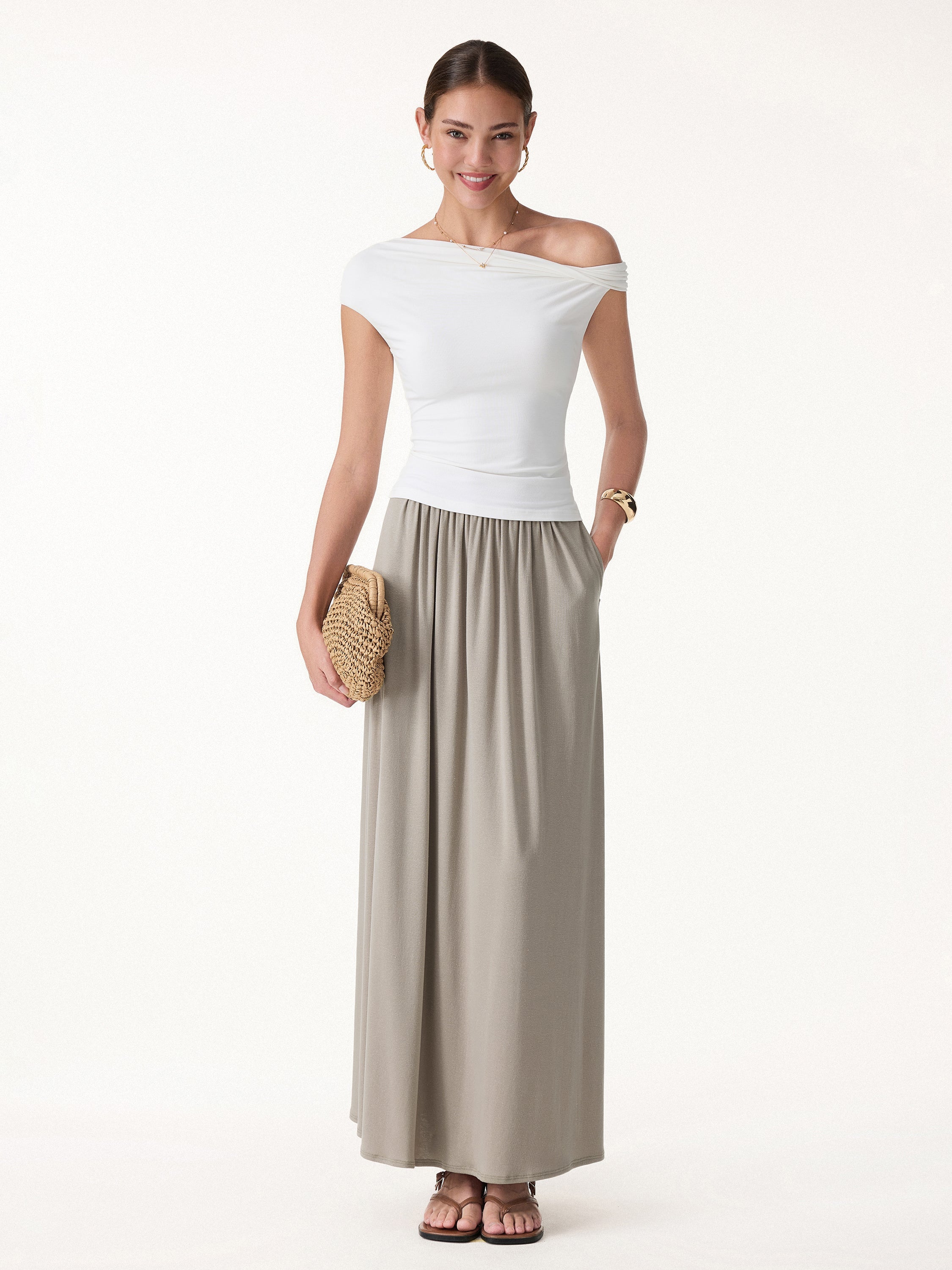 2Pcs Set Spaghetti Bra Top with Side Slit & A-Line Maxi Skirt with Pockets