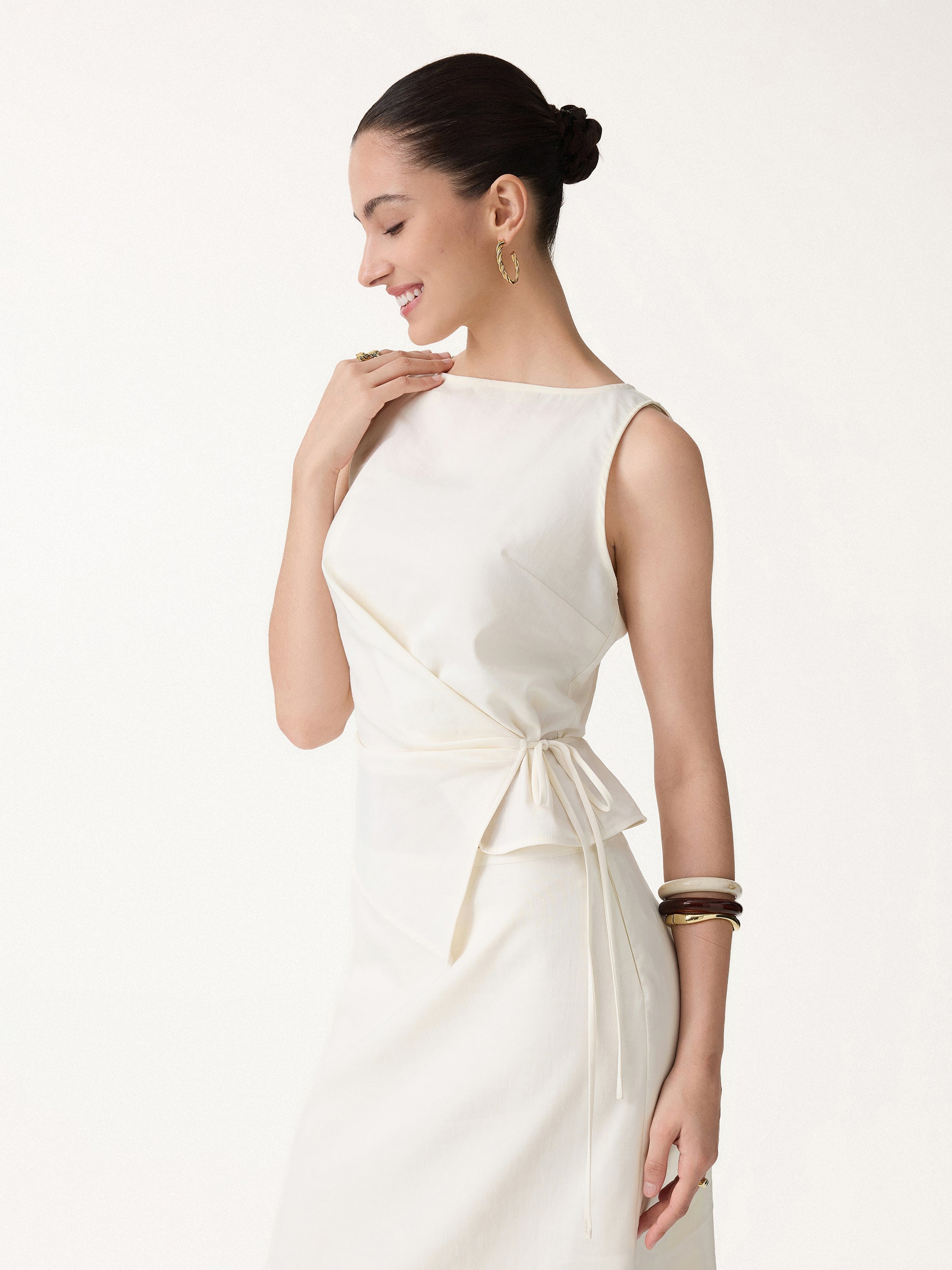 2Pcs Set Boatneck Waist-Defined Top & Tailored Shorts with Pockets