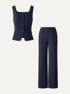 2Pcs Set Square Neck Waistcoat with Pockets & Wide Leg Ankled Pant