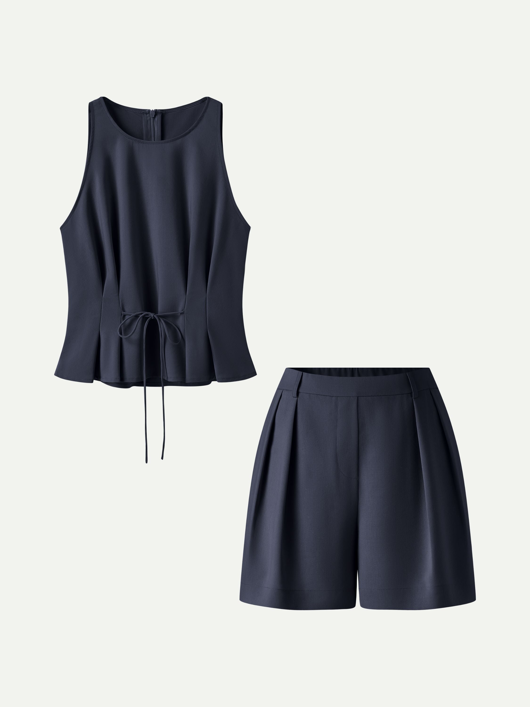 2Pcs Set Pleated Self-Tie Top & Tailored Shorts with Pockets