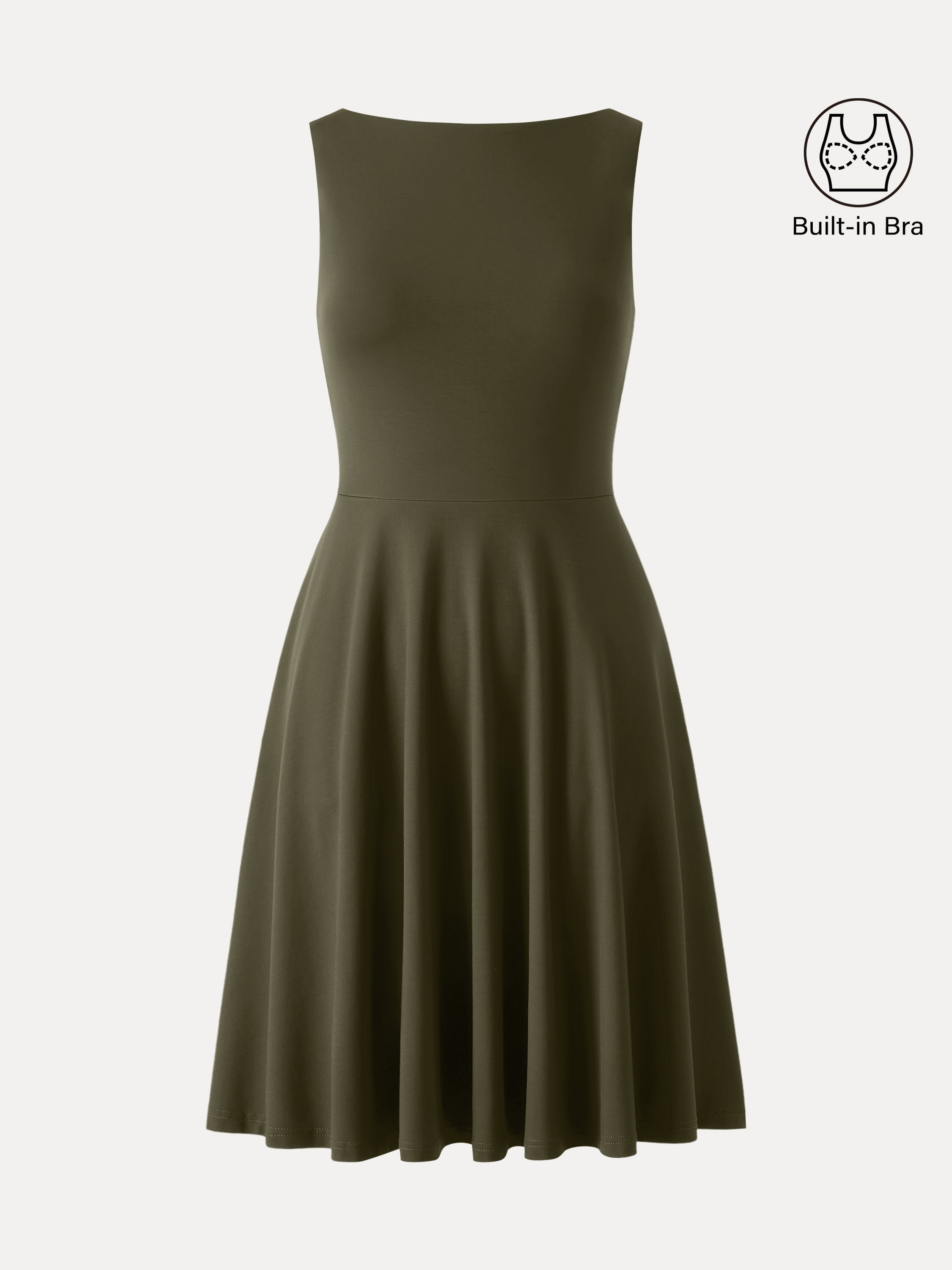 Stretchy Boatneck Fit-and-Flare Mini Bra Dress with Pockets