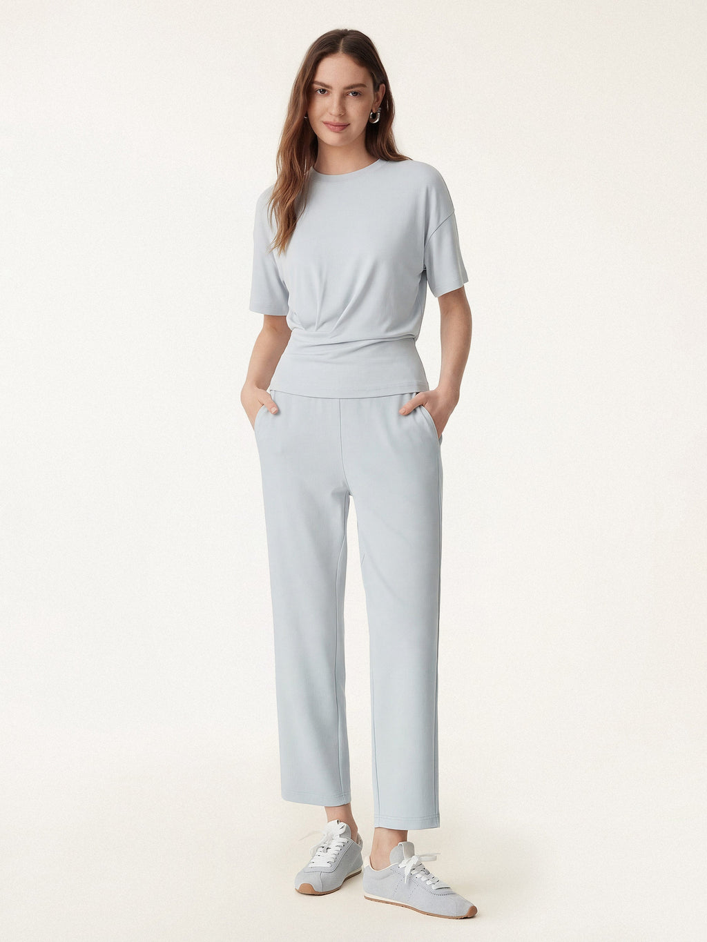 2Pcs Set Crewneck Tucked Tee & Mid Rise Tapered Pant with Pockets