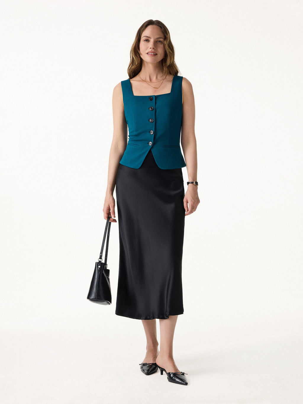 2Pcs Set Square Neck Waistcoat with Pockets & Wide Leg Ankled Pant