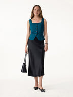 2Pcs Set Square Neck Waistcoat with Pockets & Wide Leg Ankled Pant