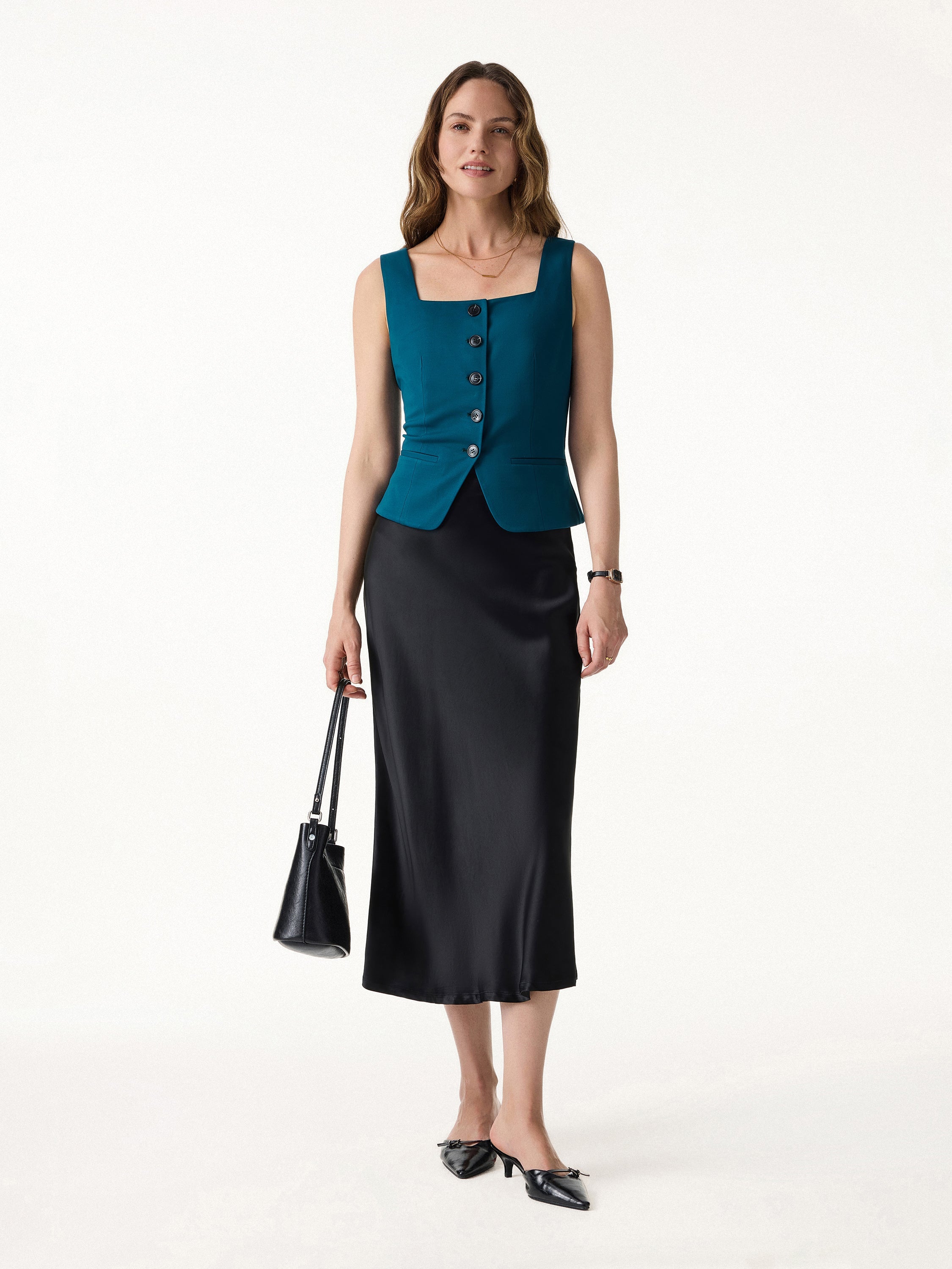 2Pcs Set Square Neck Waistcoat with Pockets & Wide Leg Ankled Pant