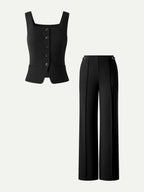 2Pcs Set Square Neck Waistcoat with Pockets & Wide Leg Ankled Pant