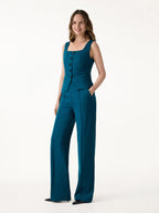 2Pcs Set Square Neck Waistcoat with Pockets & Wide Leg Ankled Pant