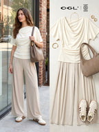 2Pcs Set Cowl Neck Ruched Top & Wide Leg Palazzo Pant with Pockets