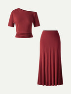 2Pcs Set CoolTouch Short Sleeve Top & Maxi Flared Skirt