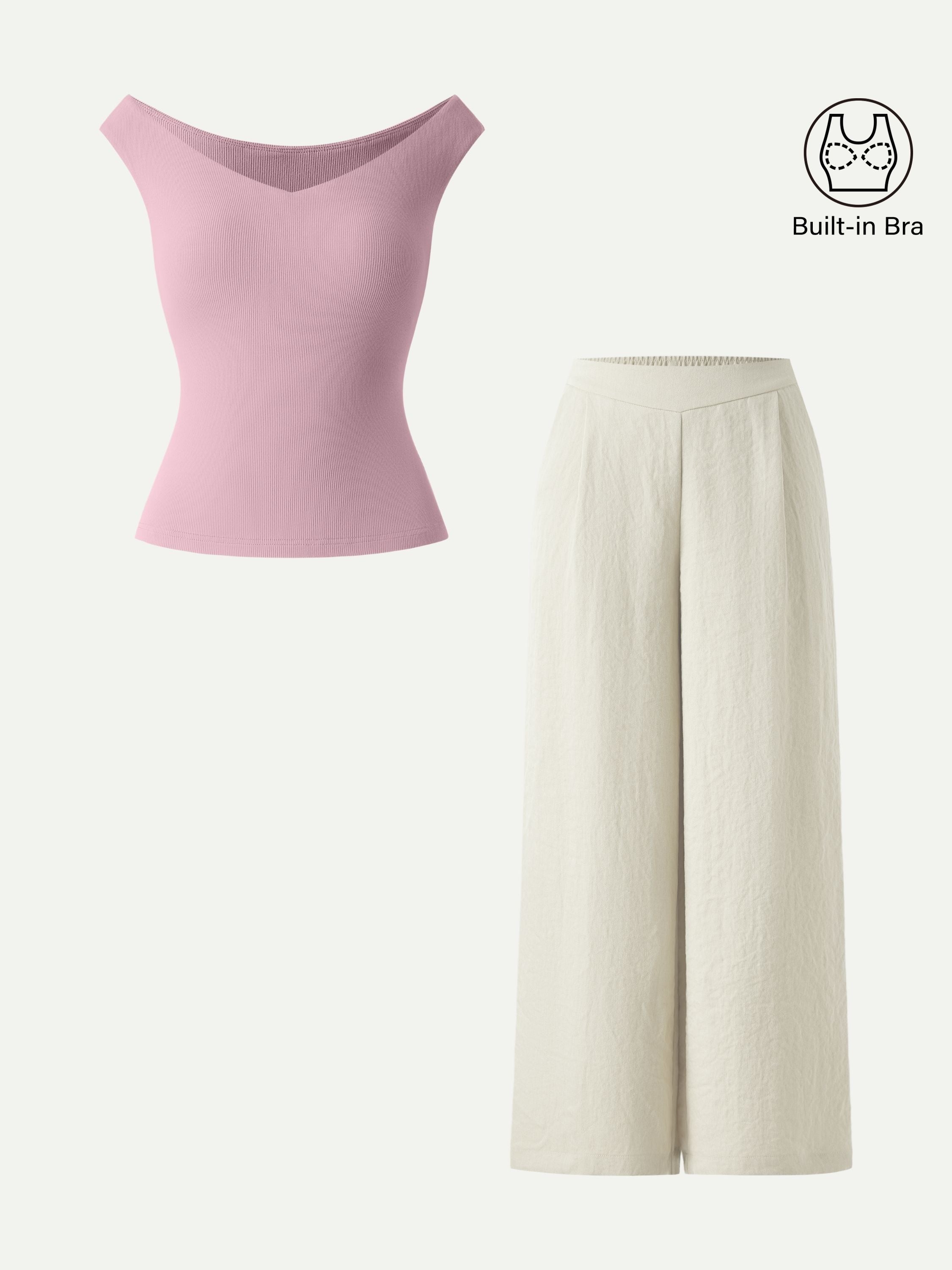 2Pcs Set V-neck Bra Top & Mid Rise Wide Leg Pant with Pockets