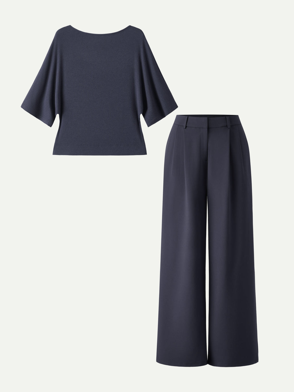2Pcs Set Boatneck Relaxed Top & Wide Leg Pant with Pockets