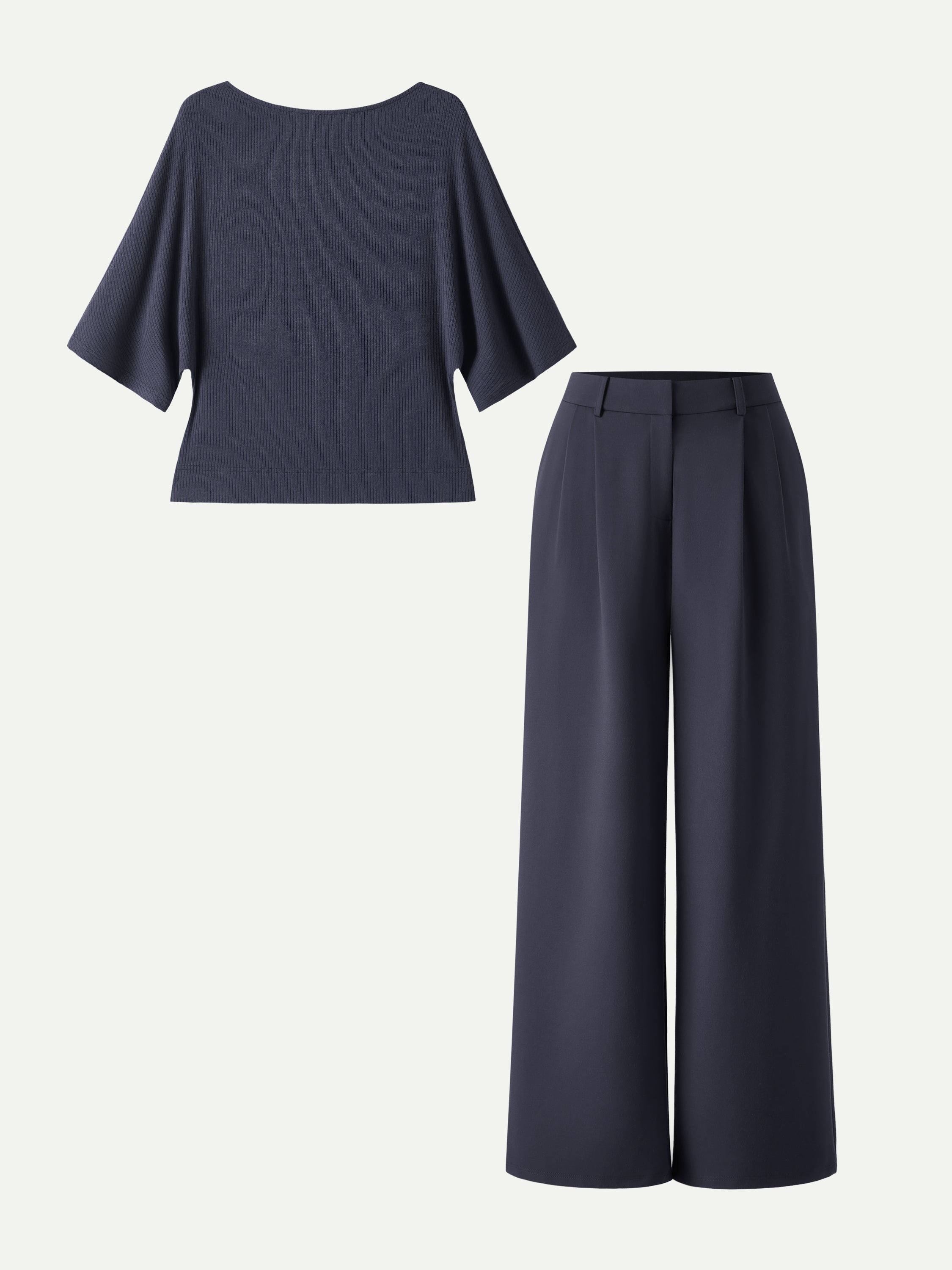 2Pcs Set Boatneck Relaxed Top & Wide Leg Pant with Pockets