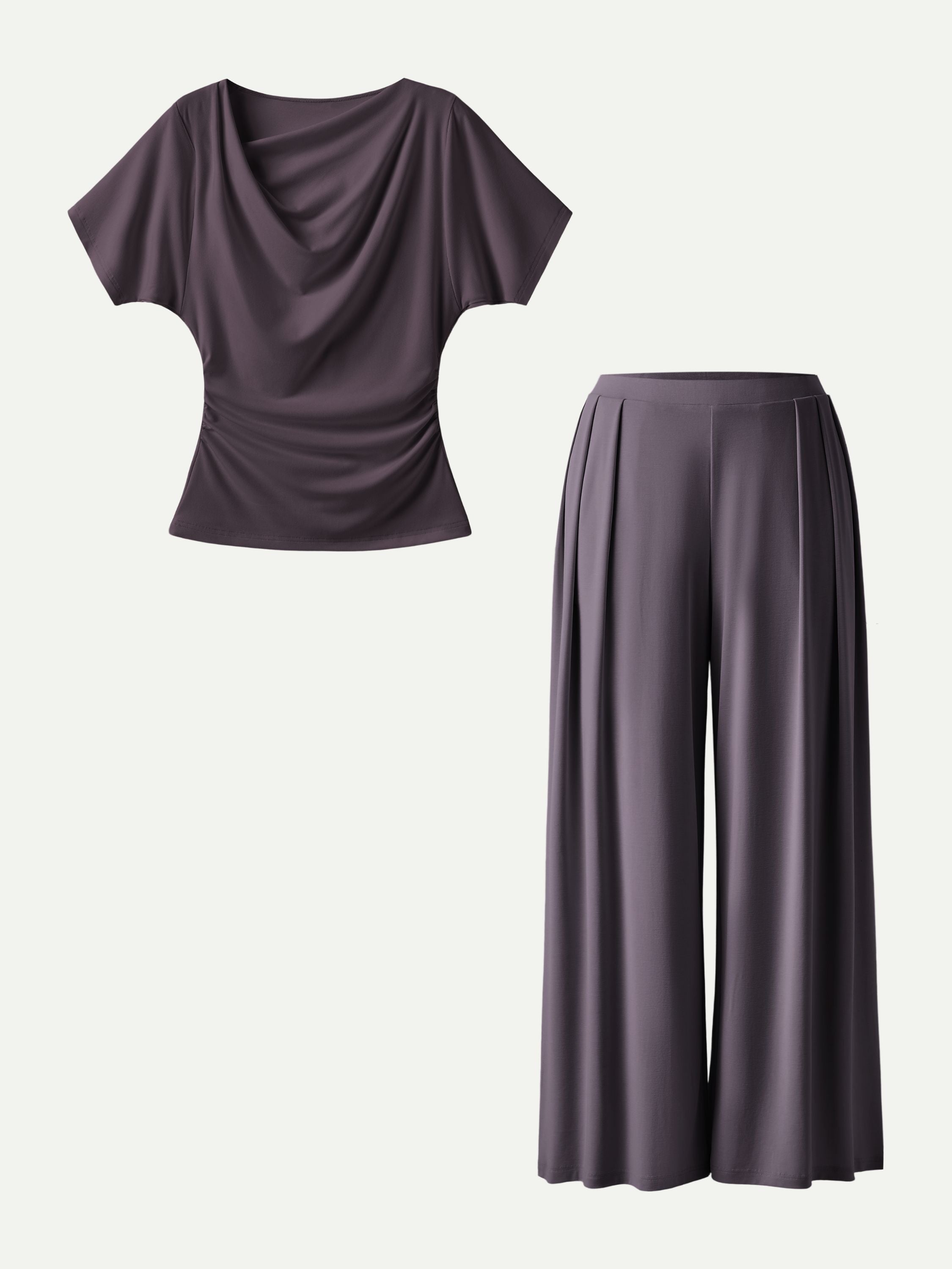 2Pcs Set Cowl Neck Ruched Top & Wide Leg Palazzo Pant with Pockets