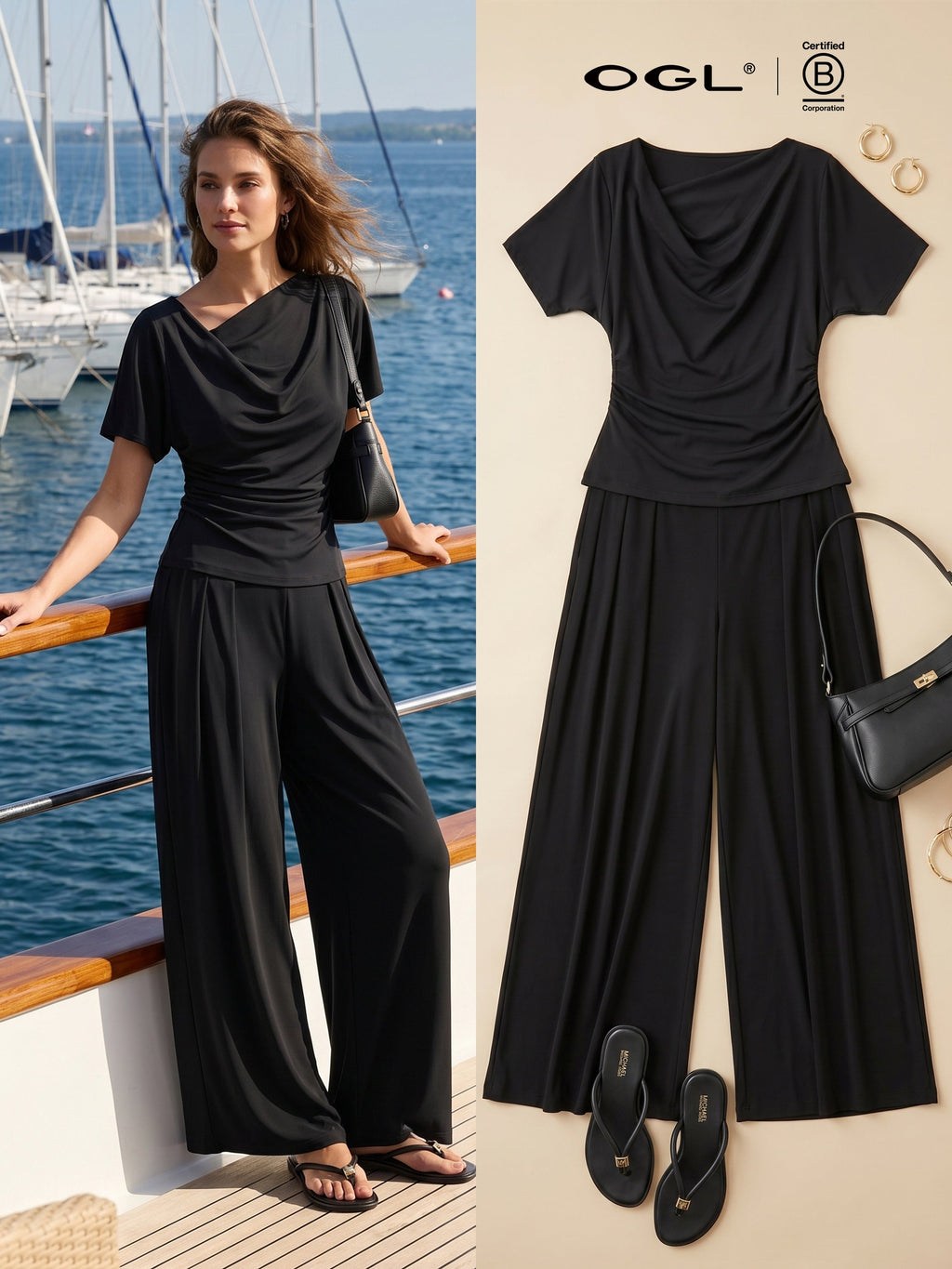 2Pcs Set Cowl Neck Ruched Top & Wide Leg Palazzo Pant with Pockets