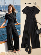 2Pcs Set Cowl Neck Ruched Top & Wide Leg Palazzo Pant with Pockets