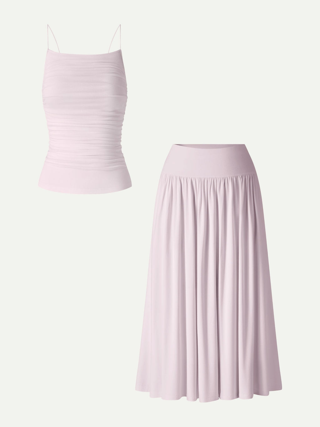 2Pcs Set Spaghetti Bra Top & Mid Rise Gathered Midi Skirt with Pockets