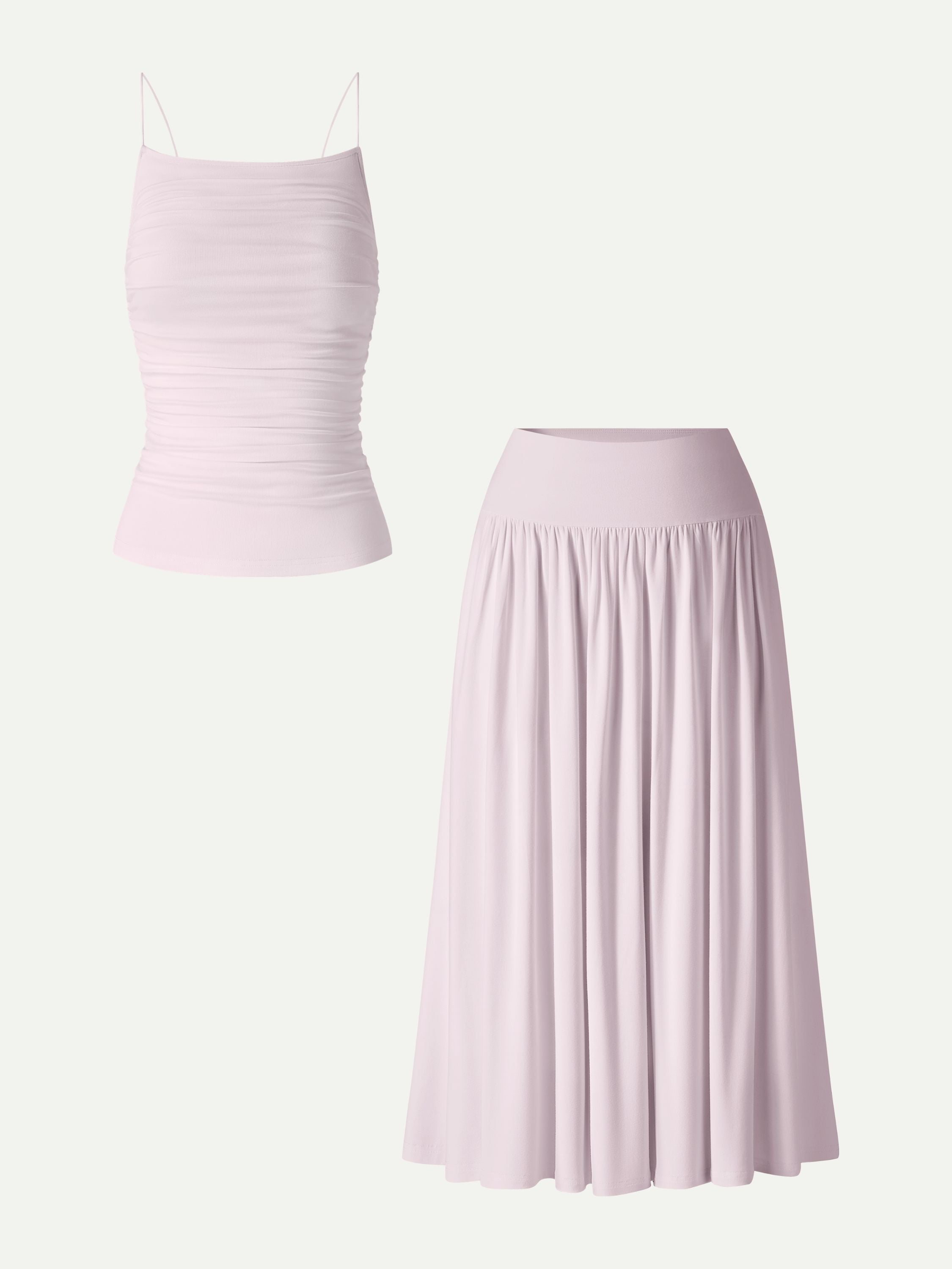 2Pcs Set Spaghetti Bra Top & Mid Rise Gathered Midi Skirt with Pockets